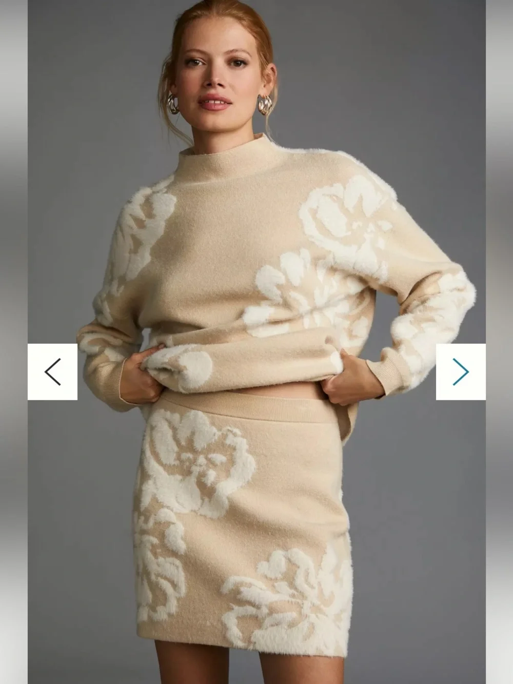 New Anthropologie Sweater Skirt Set Winter Cream Beige Floral Appliqué Fuzzy M